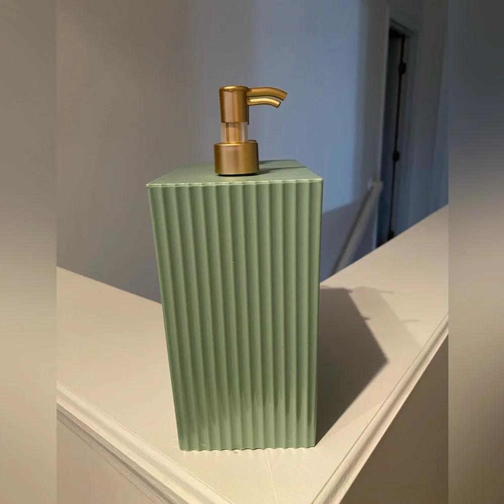 Green Ribbed Soap and lotion Dispenser with Gold Pumps